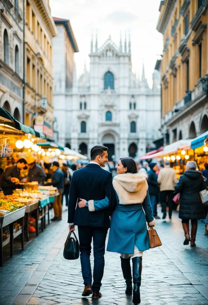 A couple strolling through a bustling city square, surrounded by historic architecture and vibrant street vendors