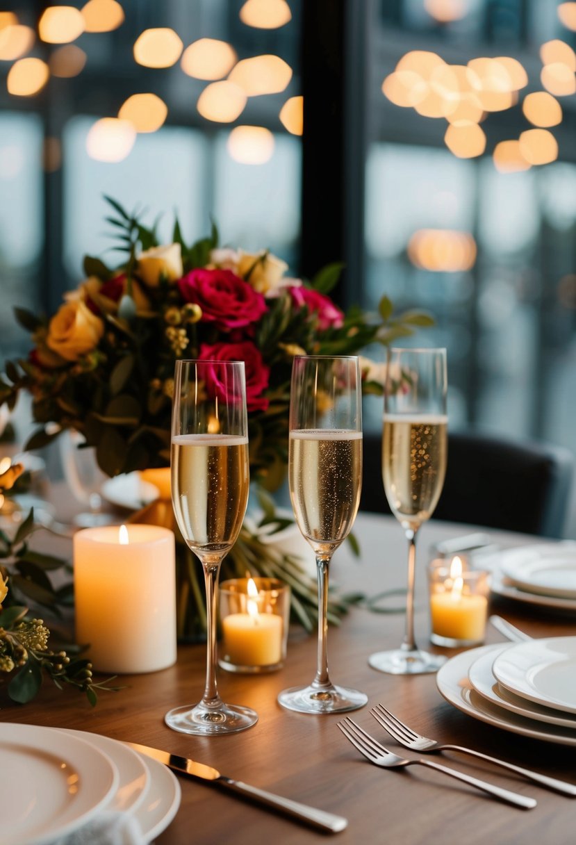 A table set with a bouquet, candles, and two champagne glasses