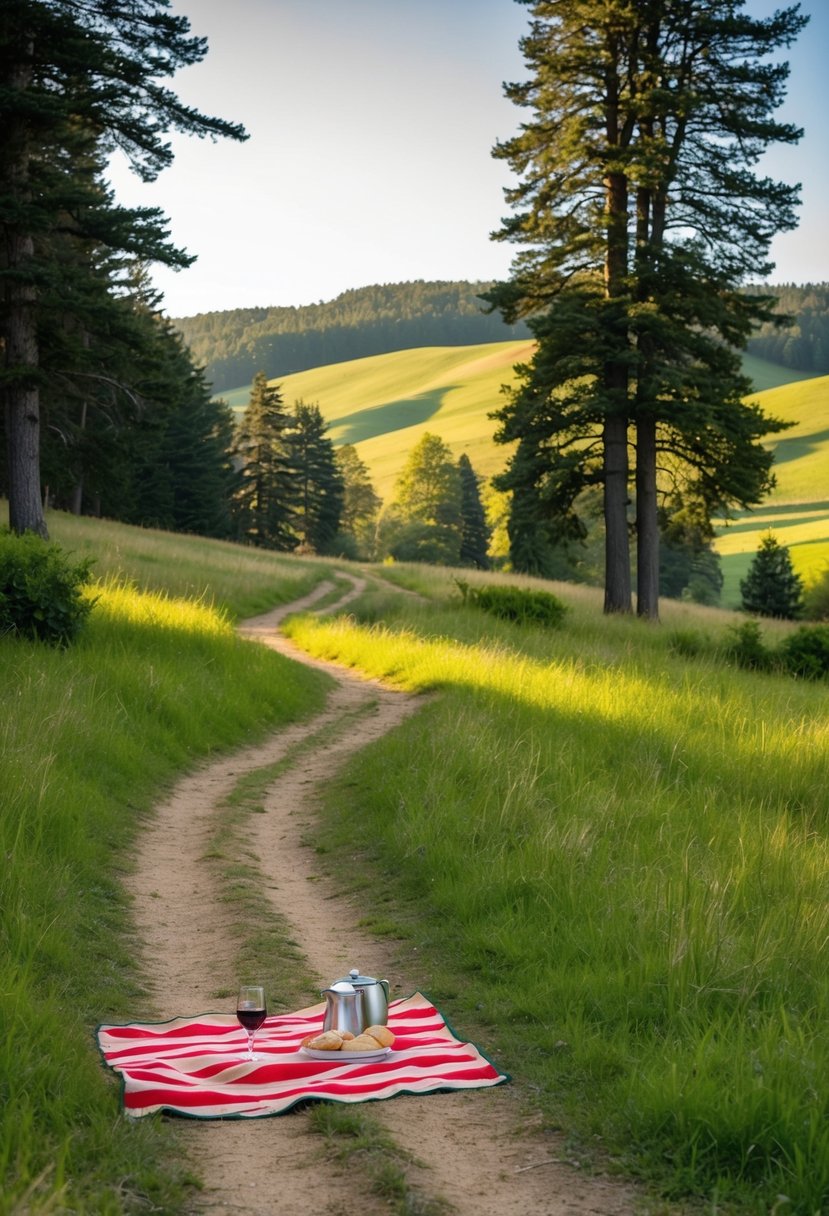 A winding trail leads to a grassy clearing with a blanket spread out for a picnic. Tall trees and rolling hills provide a picturesque backdrop