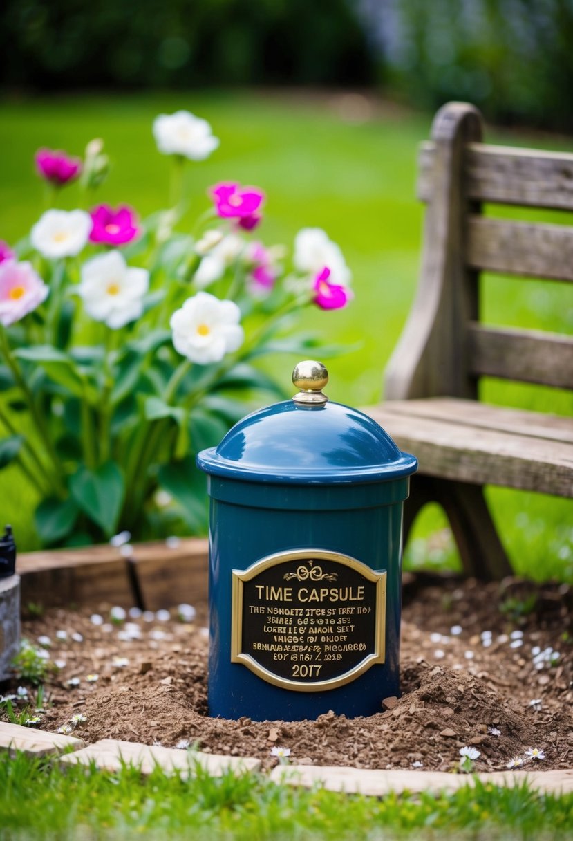 A time capsule buried in a garden, surrounded by blooming flowers and a quaint wooden bench. A plaque with the couple's names and the anniversary date marks the spot