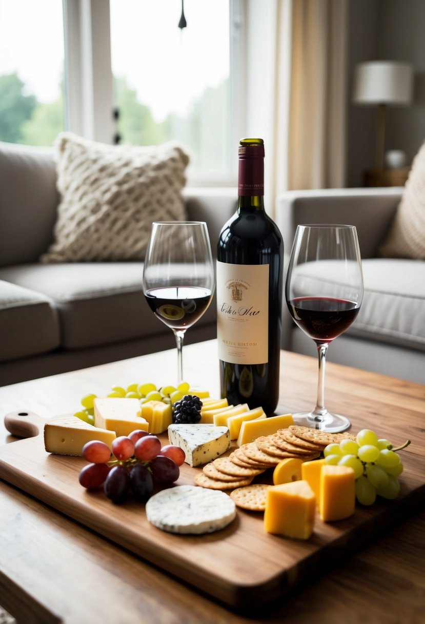 A cozy living room with a spread of assorted cheeses, crackers, and grapes on a wooden board, accompanied by a bottle of red wine and two elegant glasses