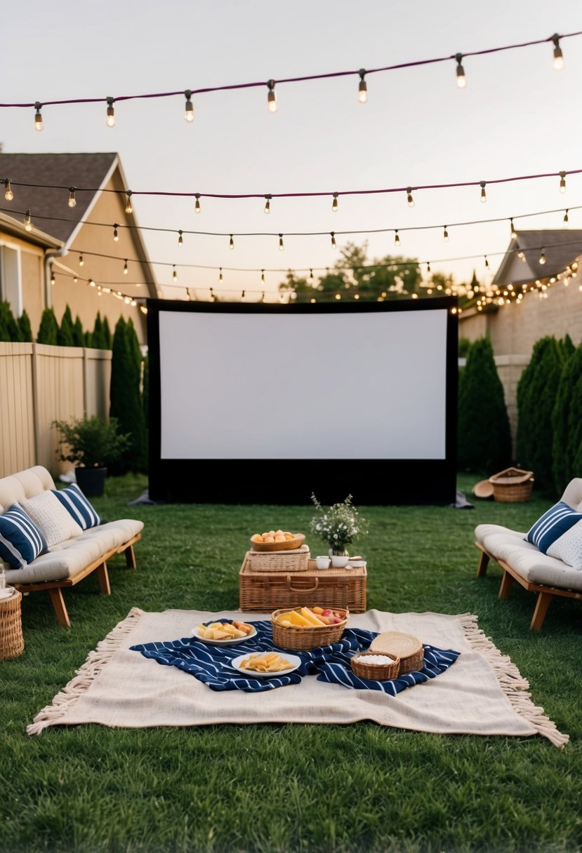 A backyard with a large screen, string lights, blankets, and a picnic spread