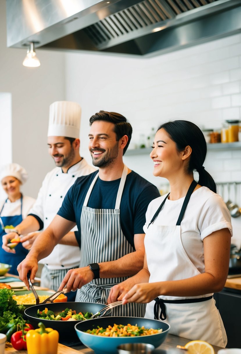 A couple stands side by side at a cooking class, surrounded by colorful ingredients and utensils. The chef demonstrates a recipe as they follow along, smiling and enjoying each other's company