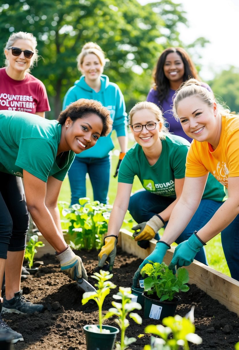 A diverse group of volunteers work together in a community garden, planting and tending to the earth with smiles on their faces