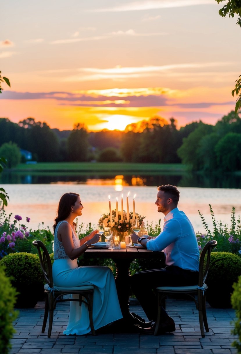 A couple dining at a candlelit table with a view of the sunset over a serene lake, surrounded by lush greenery and blooming flowers