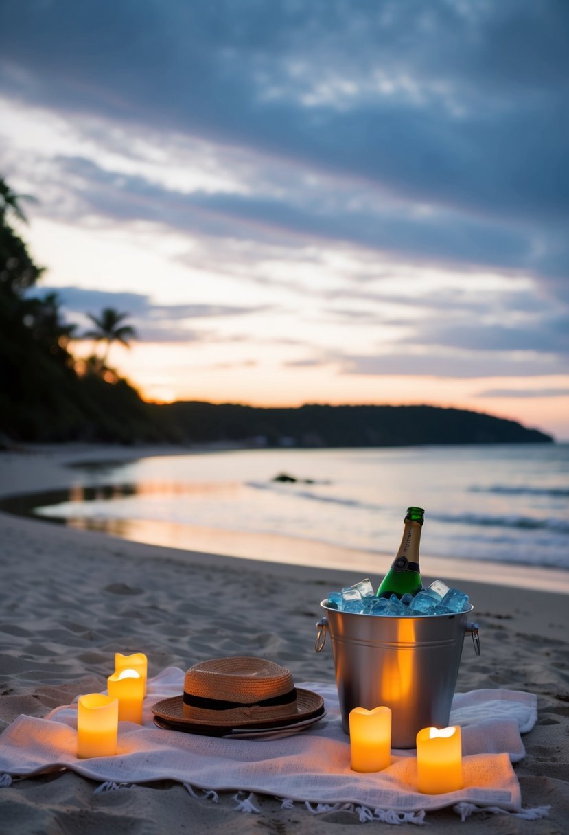 A secluded beach at sunset with a picnic set up on a blanket, surrounded by candles and a bottle of champagne chilling in a bucket of ice