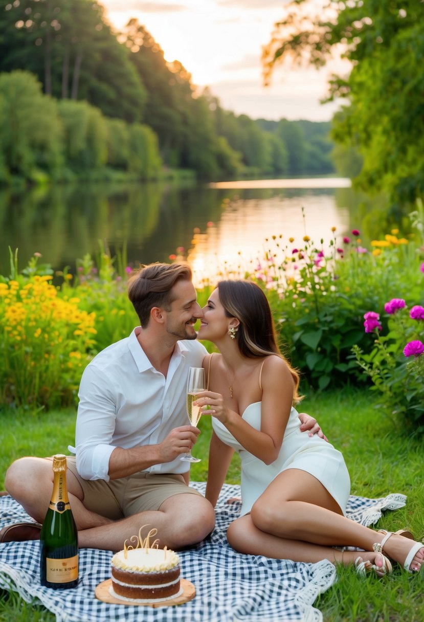 A couple enjoys a romantic picnic by a serene lake at sunset, surrounded by lush greenery and colorful flowers. A bottle of champagne and a small cake sit on a checkered blanket