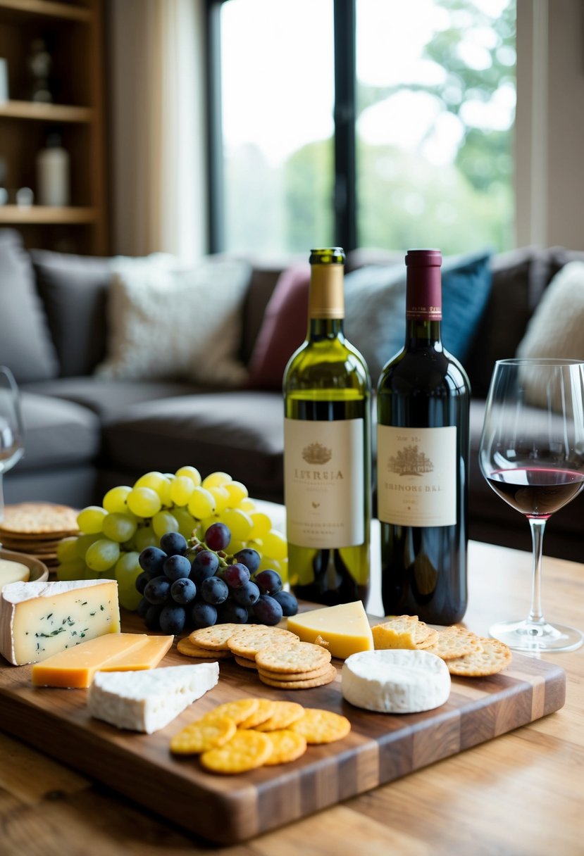 A cozy living room with a spread of various cheeses, crackers, and grapes on a wooden board, accompanied by a selection of wine bottles and glasses