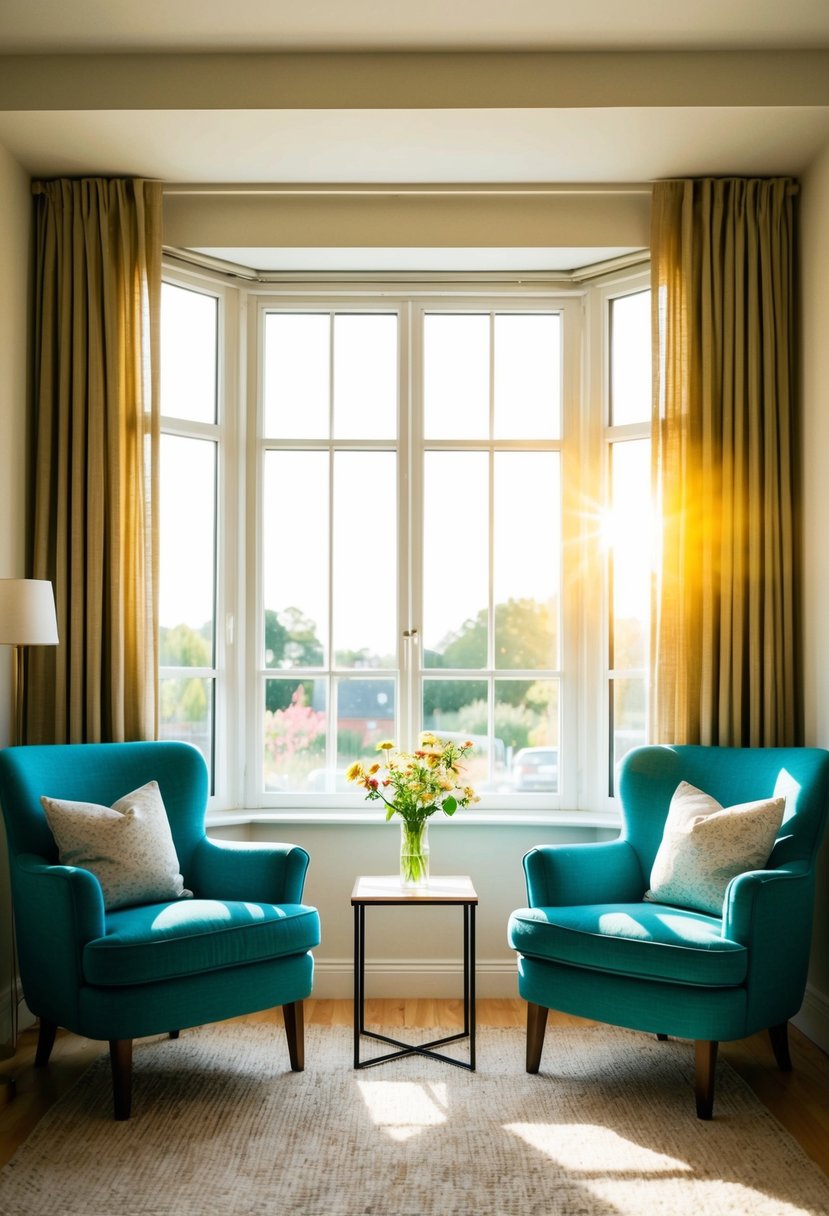 A cozy living room with two chairs facing each other, a small table between them with a vase of flowers. Sunlight streams in through the window, casting a warm glow on the scene