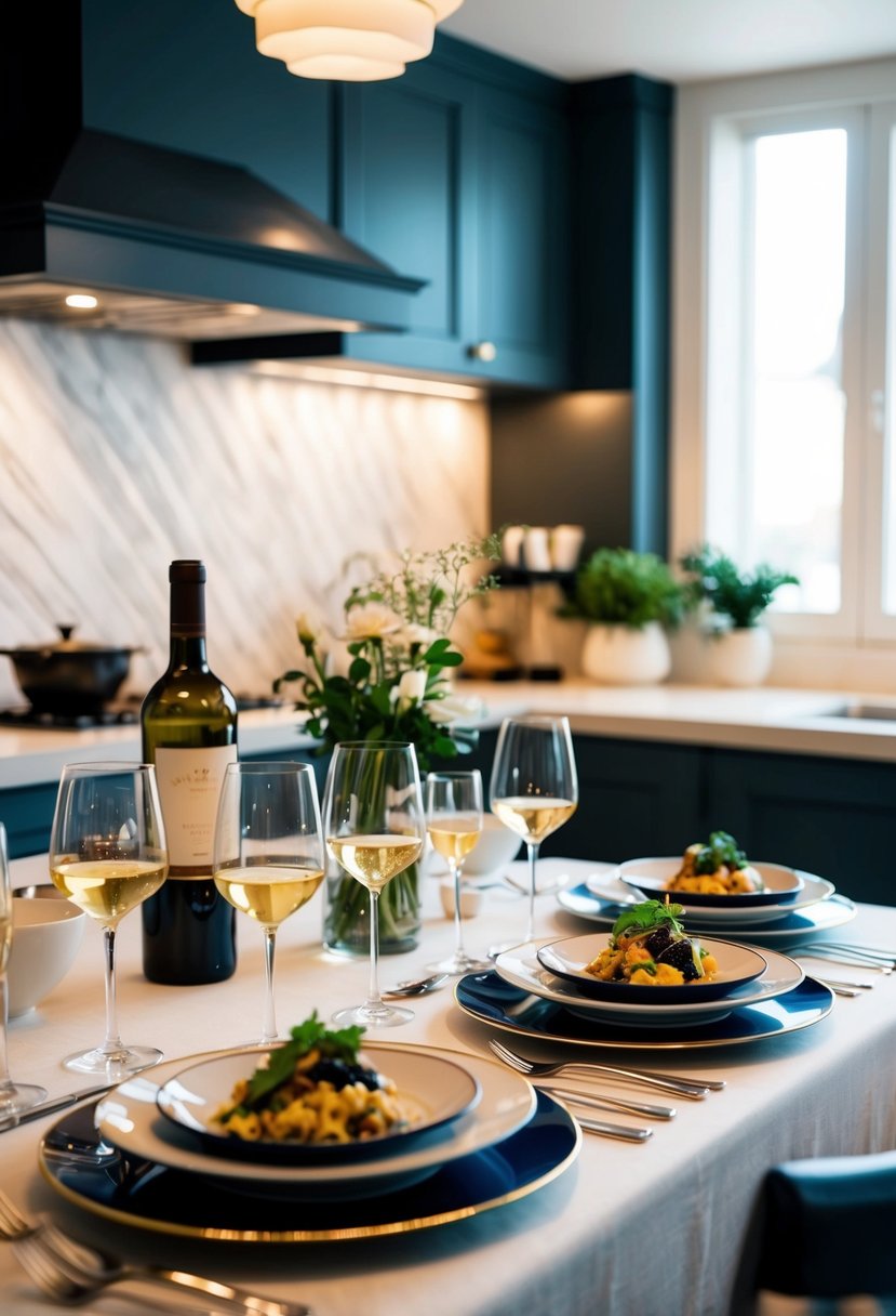 A beautifully set dining table with elegant dinnerware, a bottle of wine, and gourmet dishes being prepared in a stylish kitchen