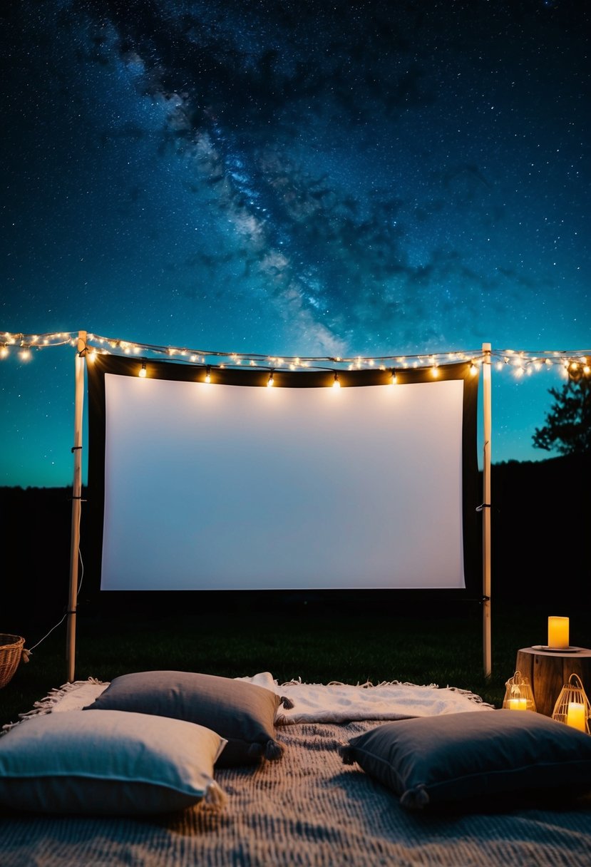 A cozy outdoor movie night with a large screen, string lights, blankets, and pillows set up under the starry sky