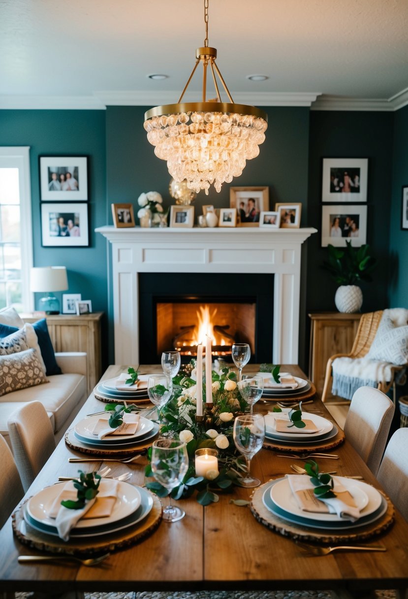 A cozy living room with a fireplace, surrounded by family photos and a table set for a celebratory meal