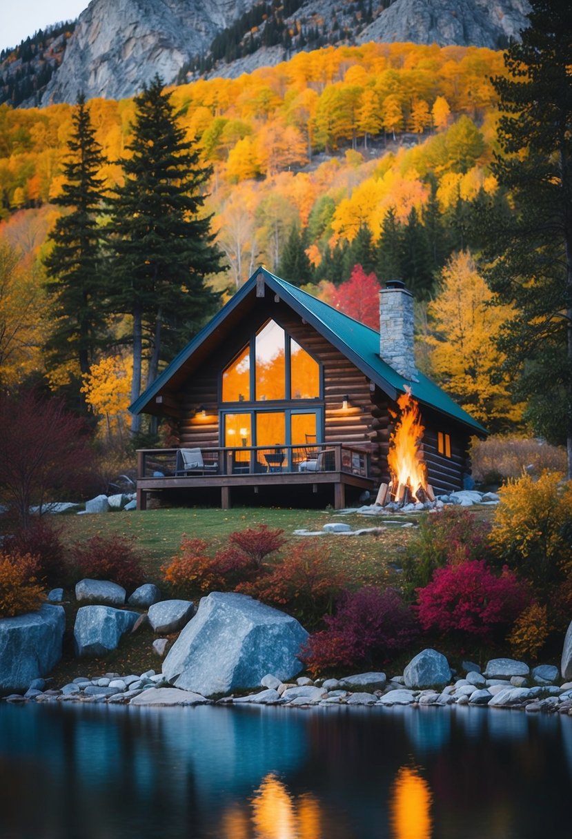 A cozy cabin nestled in the mountains with a crackling fire, surrounded by beautiful fall foliage and a serene lake