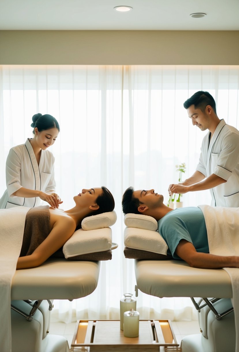 A serene spa room with two massage tables, soft lighting, and soothing music. A couple relaxes side by side as therapists pamper them with luxurious treatments