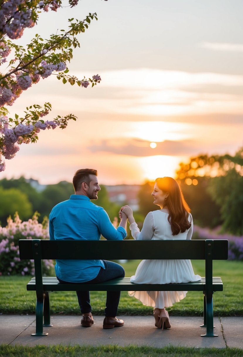 A couple sits on a park bench, surrounded by blooming flowers and a picturesque sunset. They hold hands and smile as they reminisce about their first date