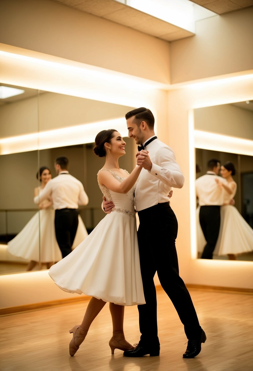 A couple gracefully waltzing in a dance studio, surrounded by mirrors and soft, warm lighting