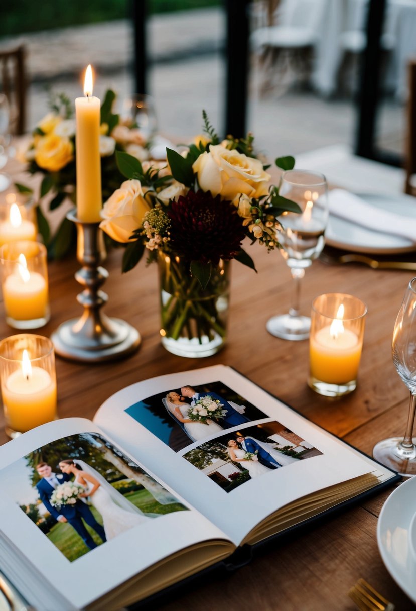 A table set with a candlelit dinner, a vase of flowers, and a photo album open to pictures of the couple's wedding day