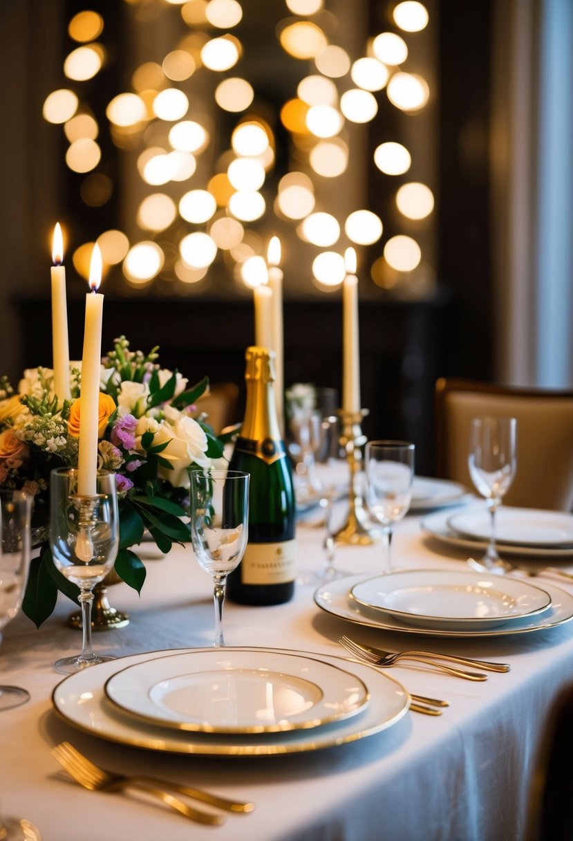 A candlelit table set with fine china, a bouquet of flowers, and a bottle of champagne