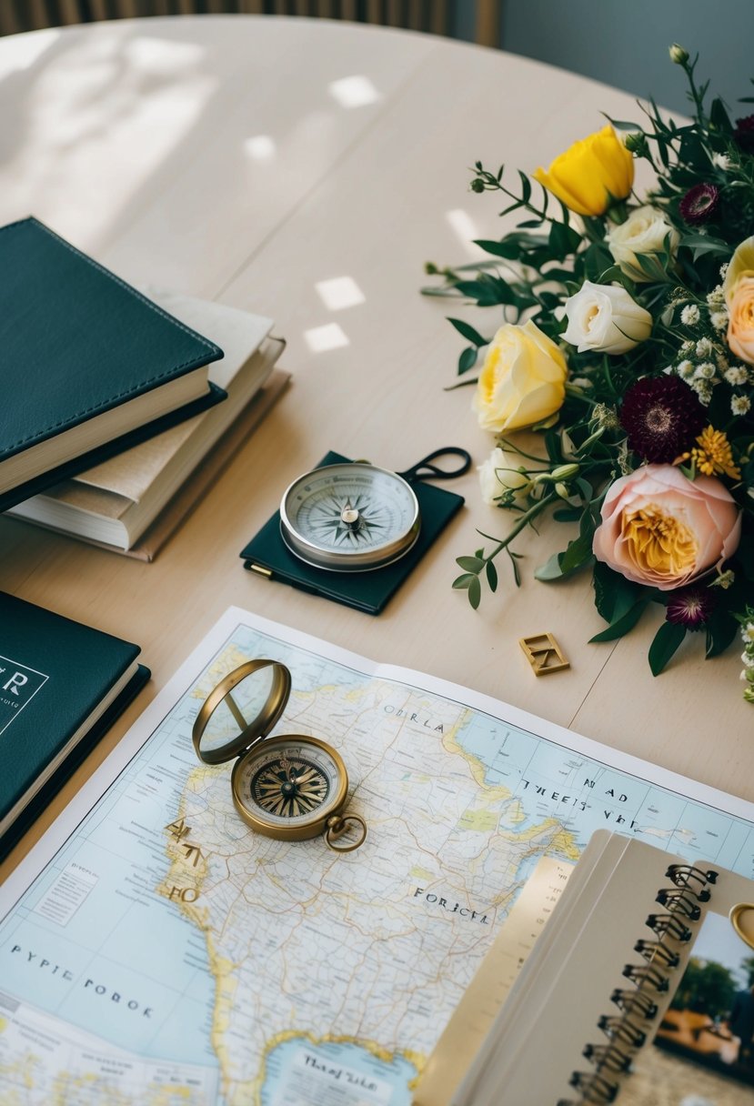 A table with a map, compass, and handwritten clues scattered among items like a photo album, a cookbook, and a bouquet of flowers