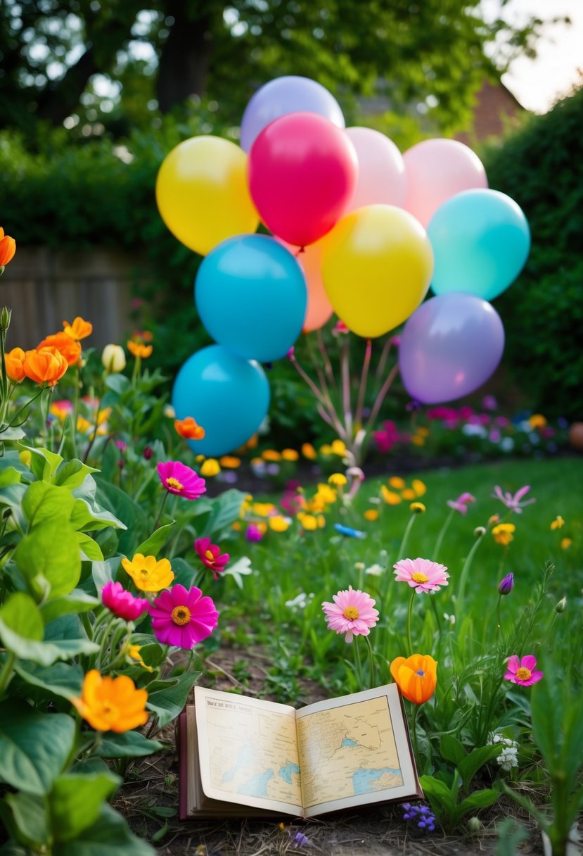 A backyard garden with colorful balloons, a vintage photo album, and a handmade treasure map scattered among the flowers and trees