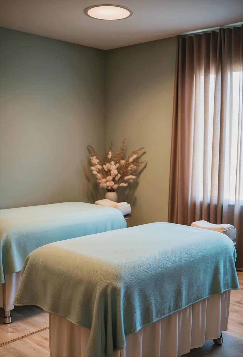 A serene spa room with two massage tables, soft lighting, and relaxing music