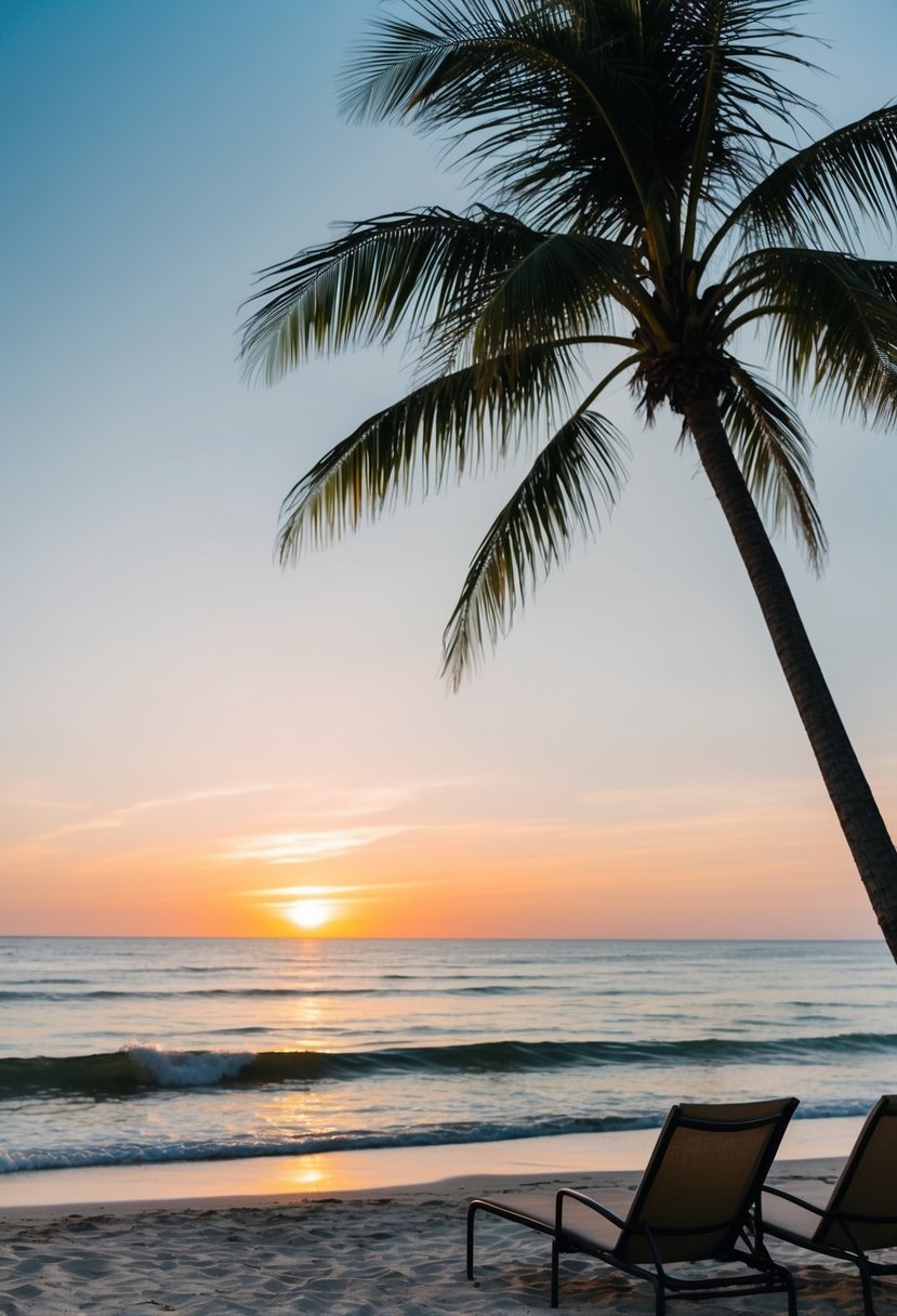 A serene beach at sunset, with palm trees swaying in the breeze and waves gently lapping at the shore. A couple of lounge chairs sit empty, waiting for someone to relax and enjoy the view