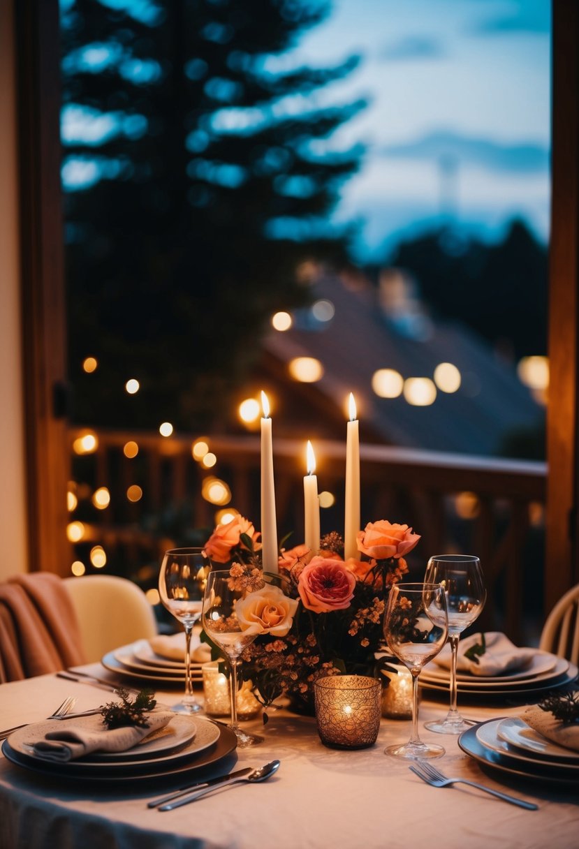 A cozy dining table set for two with romantic decor and candlelight