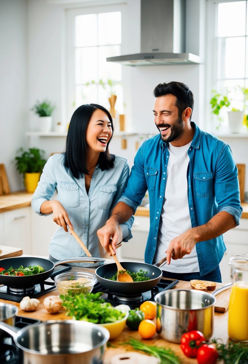 A couple joyfully cooks together in a bright kitchen, surrounded by pots, pans, and fresh ingredients. They are smiling and laughing as they follow the instructor's guidance