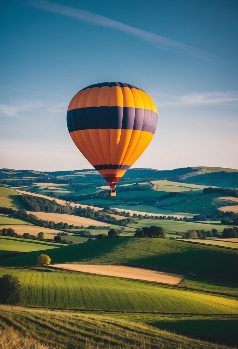 A colorful hot air balloon floats above a picturesque landscape of rolling hills and green fields, with a clear blue sky above