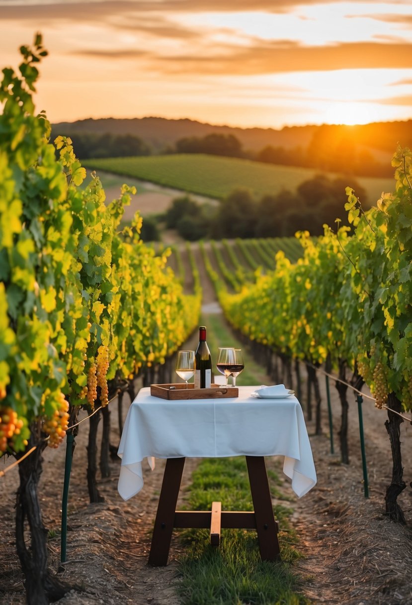 A cozy vineyard setting with rows of grapevines, a rustic wine tasting table, and a beautiful sunset over the rolling hills