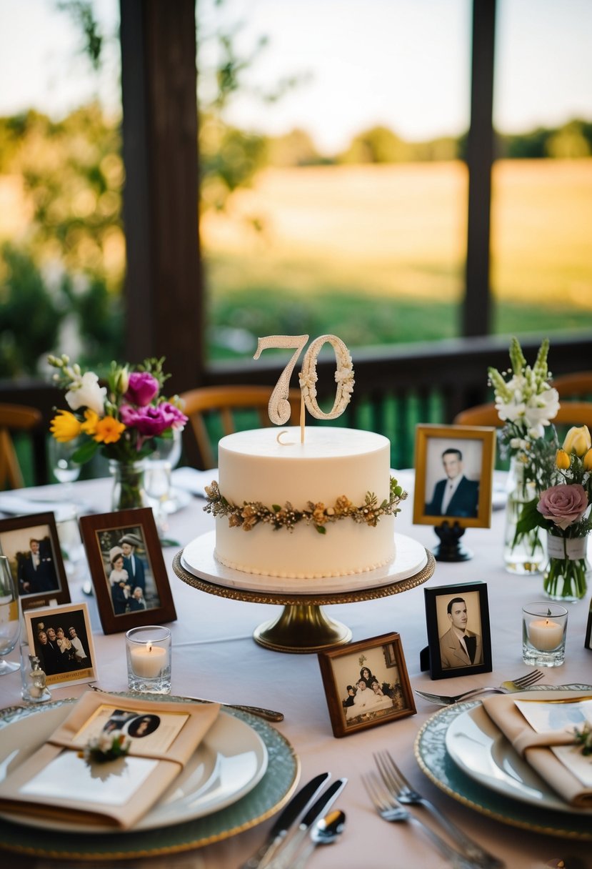 A table set with vintage photos, flowers, and memorabilia from 70 years of marriage. A wedding cake with "70" topper sits in the center