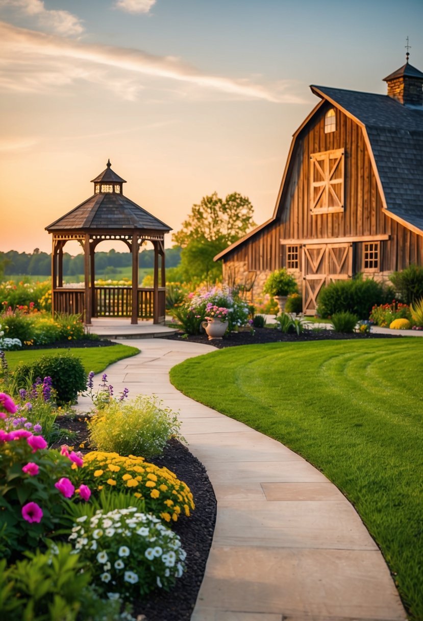 A serene garden with blooming flowers, a charming gazebo, and a winding path leading to a rustic barn, all bathed in the warm glow of the setting sun