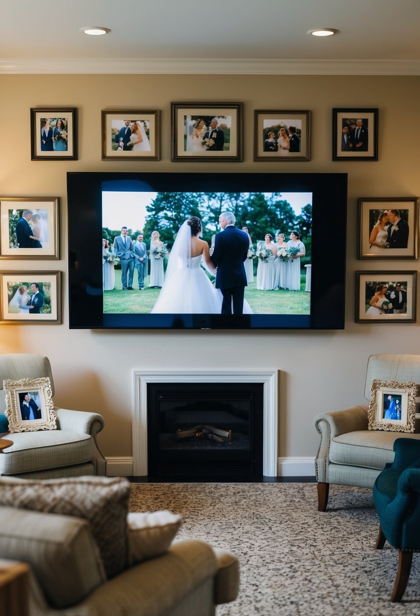 A cozy living room with a large screen showing a montage of wedding footage. Surrounding the room are framed photos from the couple's 70 years together