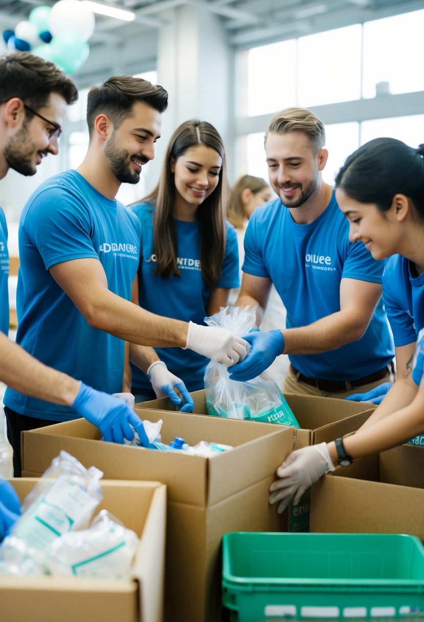 A group of volunteers working together at a charity event, organizing donations and helping those in need