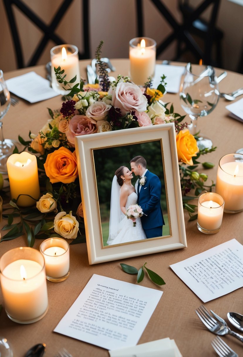 A table set with candles, flowers, and love letters scattered across it. A framed photo of the couple on their wedding day sits in the center