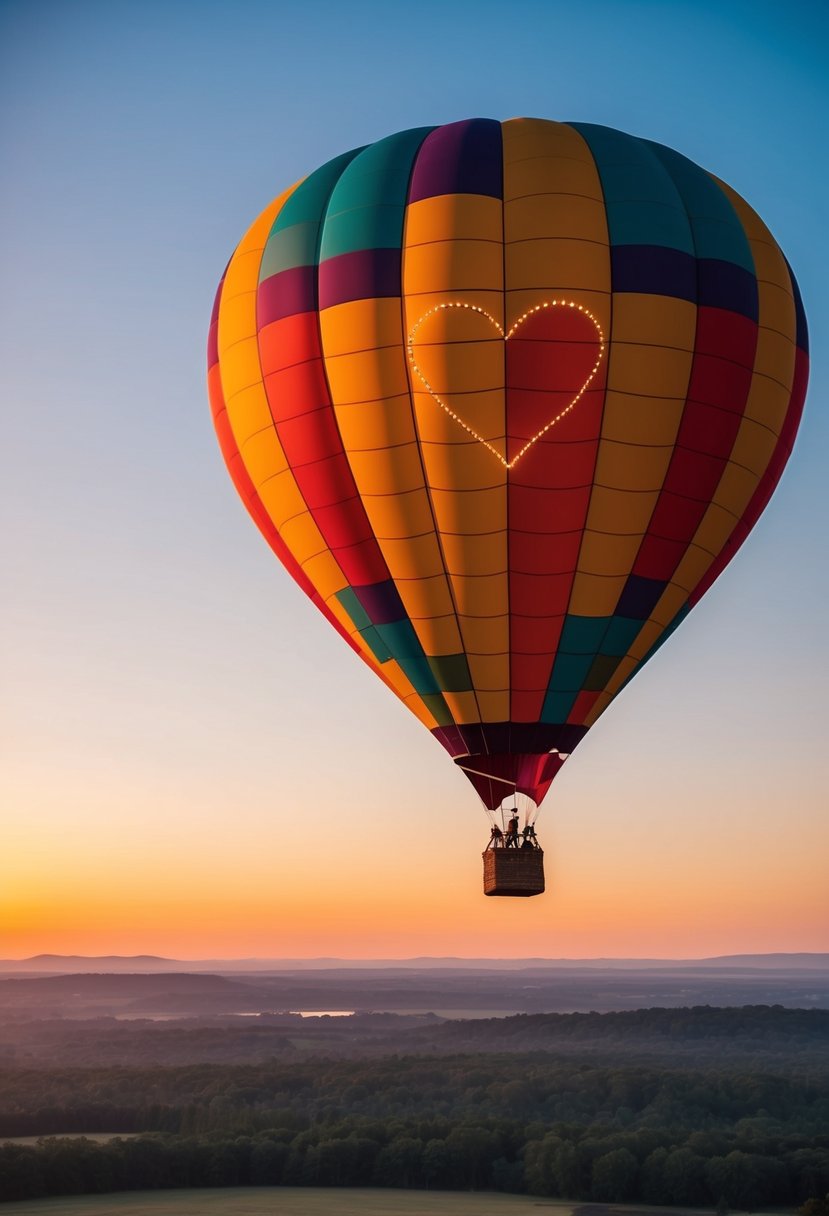 A colorful hot air balloon floats above a serene landscape at sunset, with a couple's initials carved into a heart shape on the side