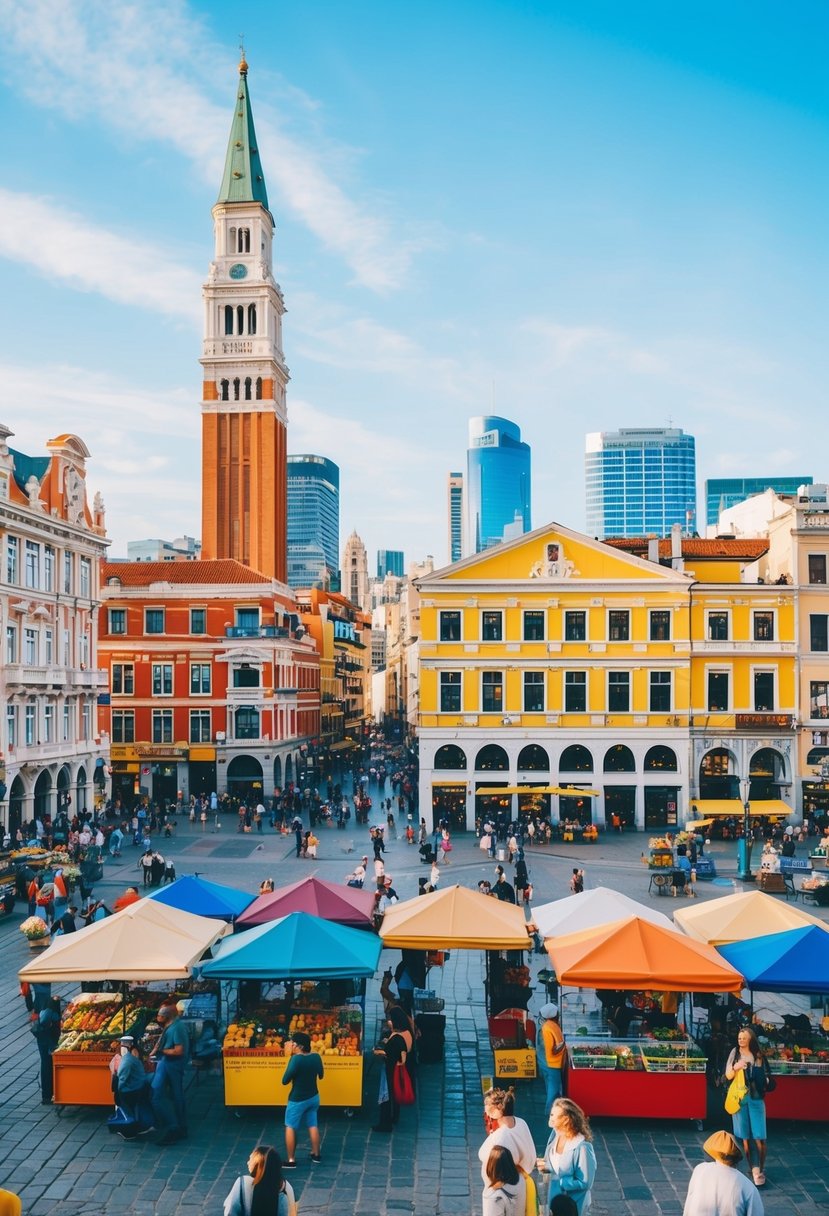 A bustling city square with colorful buildings, street vendors, and a lively atmosphere. Tall landmarks and a clear blue sky in the background