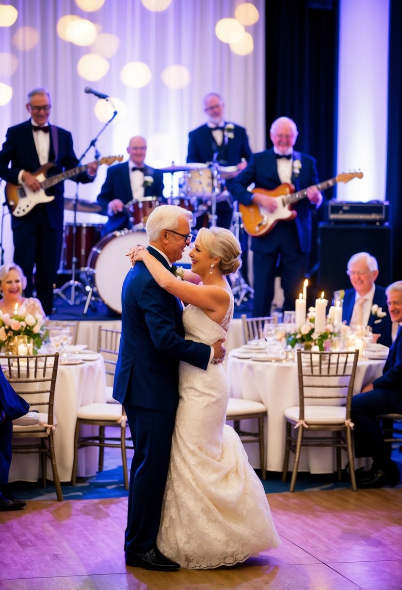 A couple dances in front of a stage with a band playing. Tables are adorned with flowers and candles, guests celebrate the 70th wedding anniversary