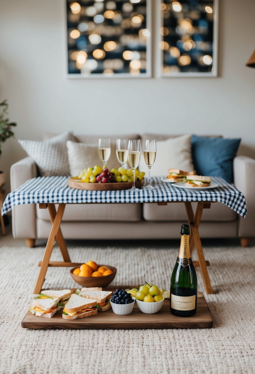 A cozy living room with a low picnic table set with a checkered cloth, a spread of sandwiches, fruits, and a bottle of champagne on ice