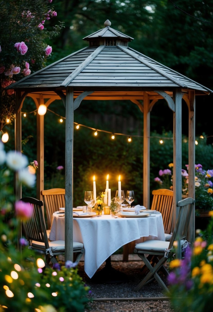 A cozy candlelit dinner for two in a rustic garden gazebo, surrounded by blooming flowers and twinkling fairy lights