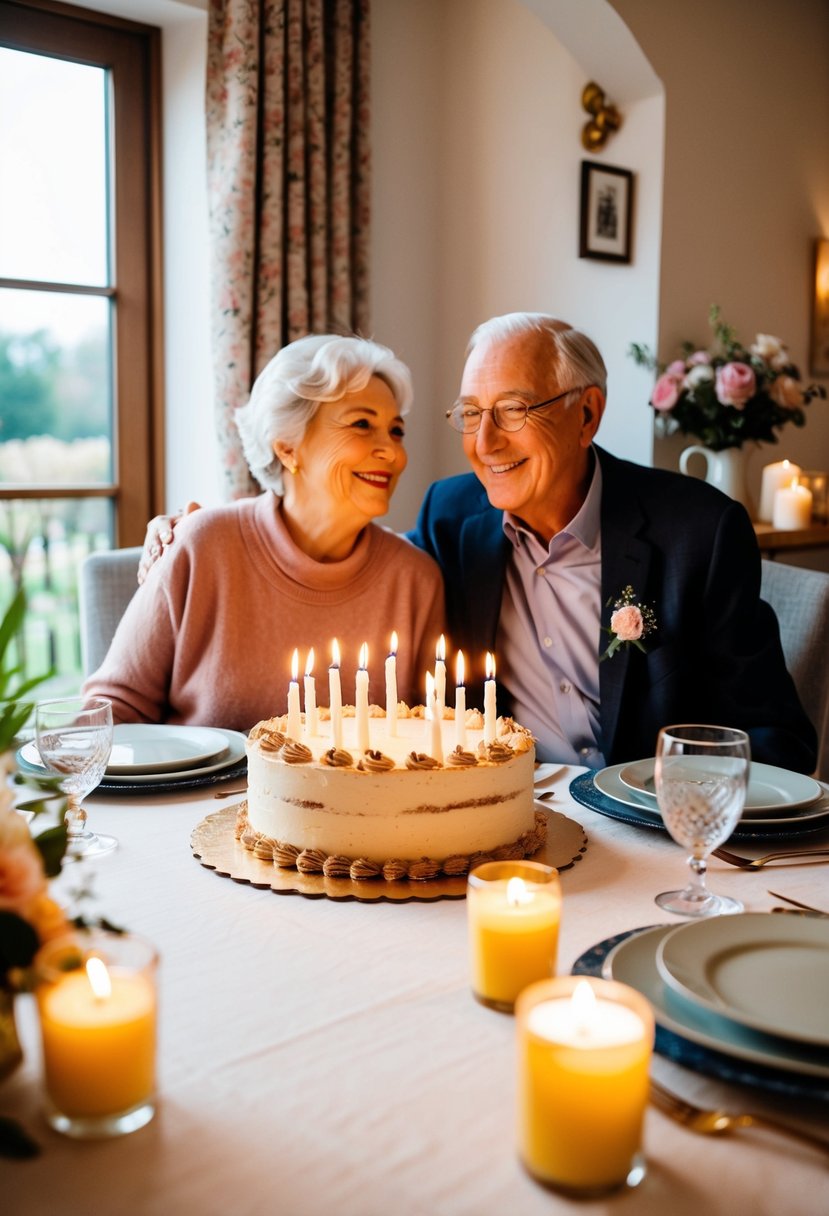 A cozy table set with flowers, candles, and a beautiful cake. An elderly couple sits together, smiling and reminiscing