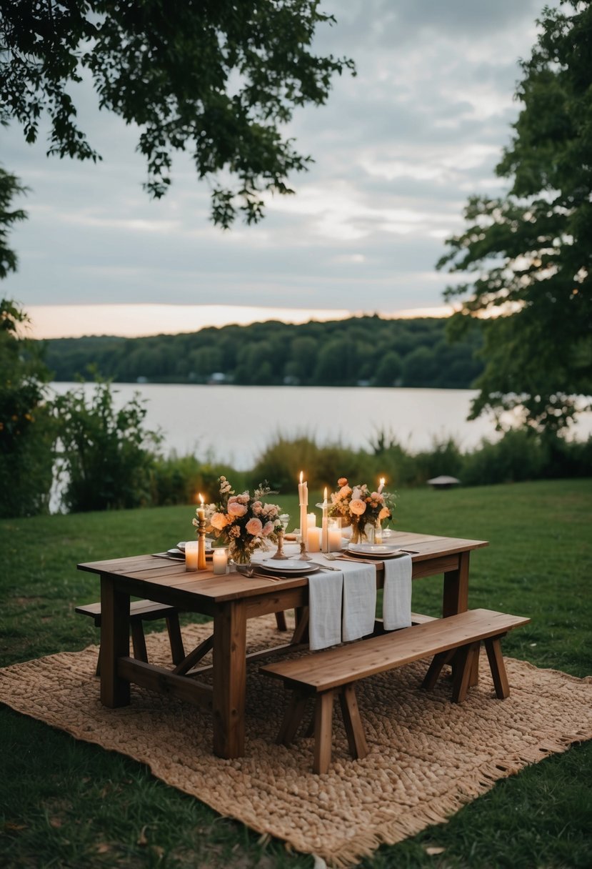 A cozy outdoor picnic with a rustic wooden table, candles, and a bouquet of flowers, surrounded by lush greenery and a serene lake view