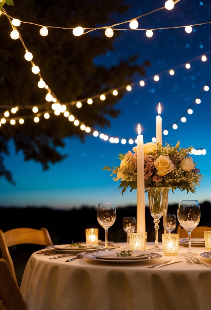 A candlelit table set with fine china and a bouquet of flowers, surrounded by twinkling fairy lights and a clear night sky filled with stars