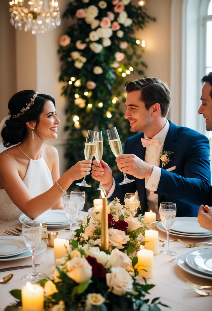 A couple sitting at a beautifully set table, surrounded by candles and flowers, toasting with champagne