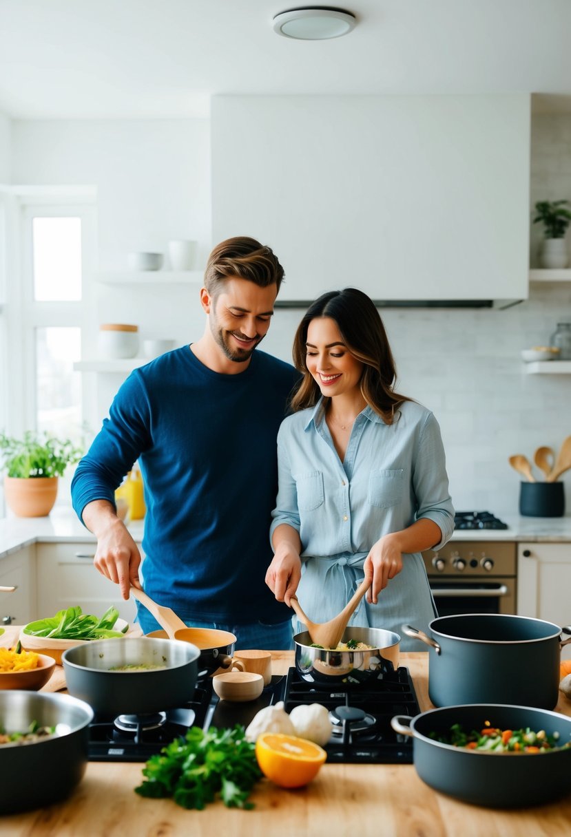 A couple cooking together in a bright, spacious kitchen, surrounded by pots, pans, and fresh ingredients