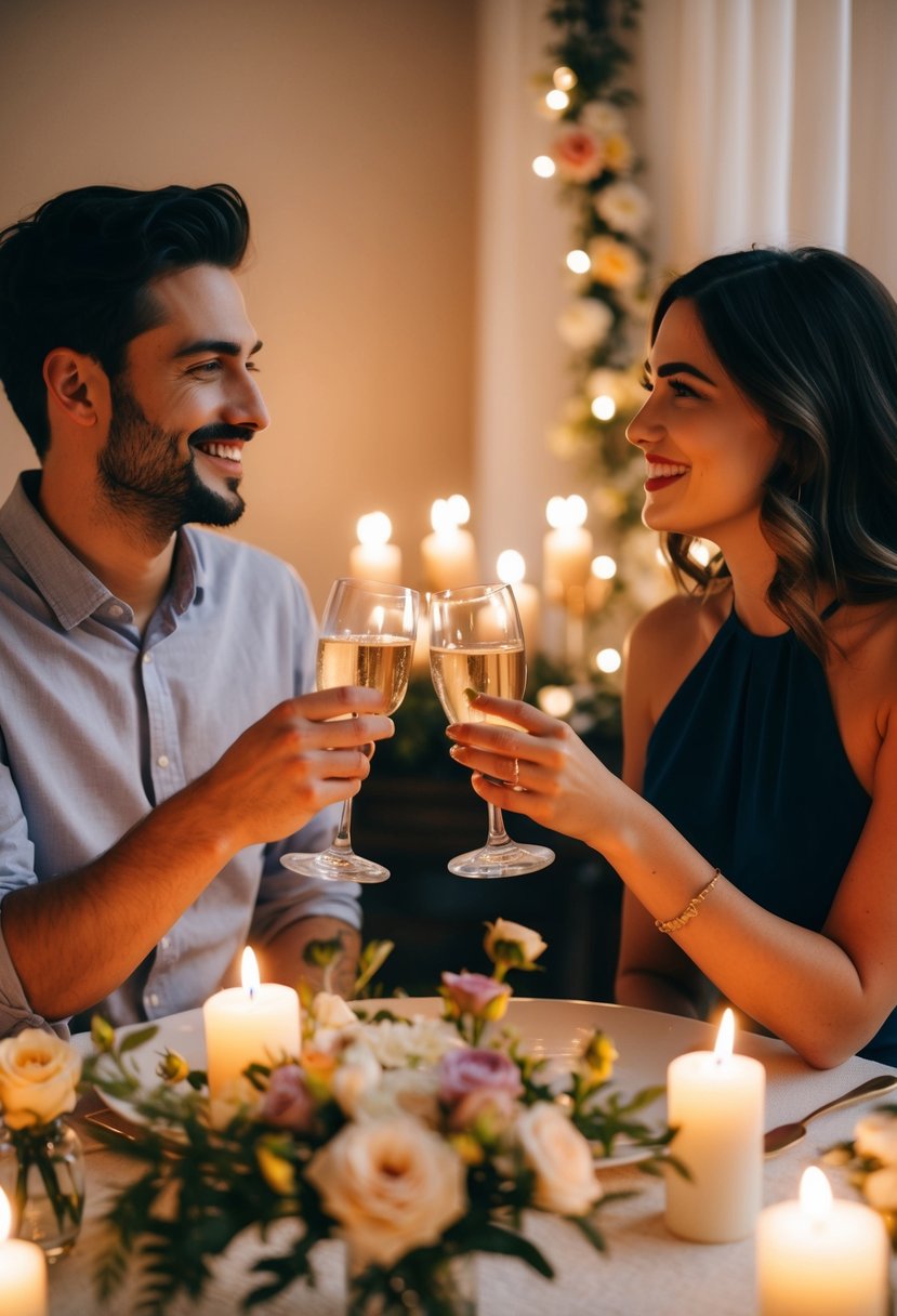 A couple sits at a candlelit table, surrounded by flowers and soft lighting. They clink glasses, smiling as they reminisce about their first date