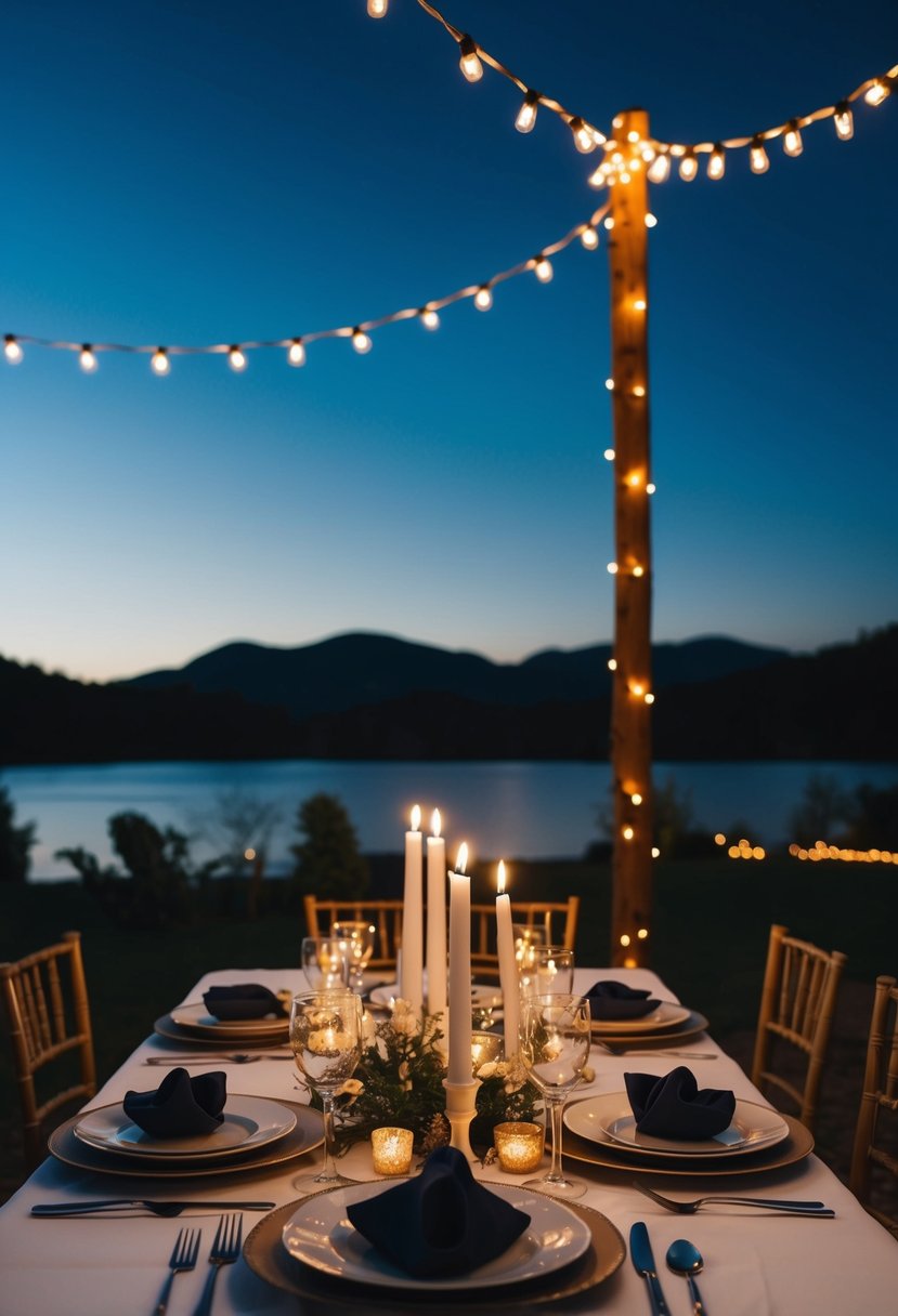 A candlelit table set with fine dinnerware and surrounded by fairy lights under a clear night sky, with a view of a tranquil lake or mountains in the background