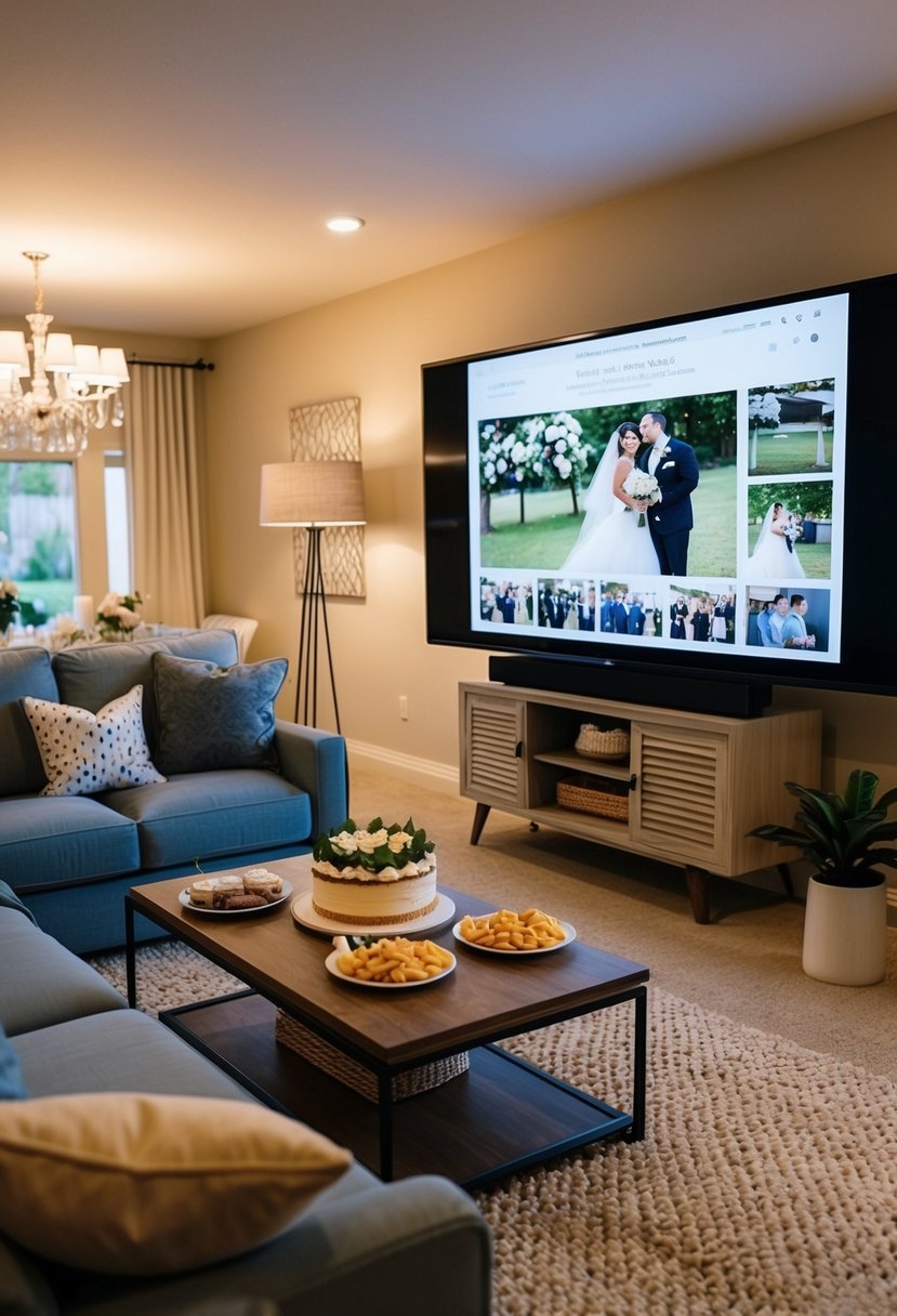 A warm living room with soft blankets, pillows, and a big screen showing wedding videos. A table with snacks and a cake for a 65th anniversary celebration