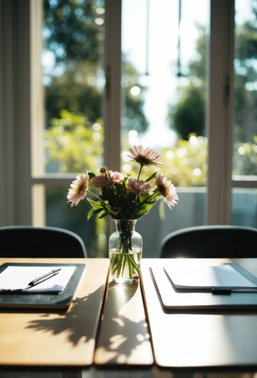 Two desks facing each other, each with a pen and paper. A vase of flowers sits between them. Sunlight streams in through a window