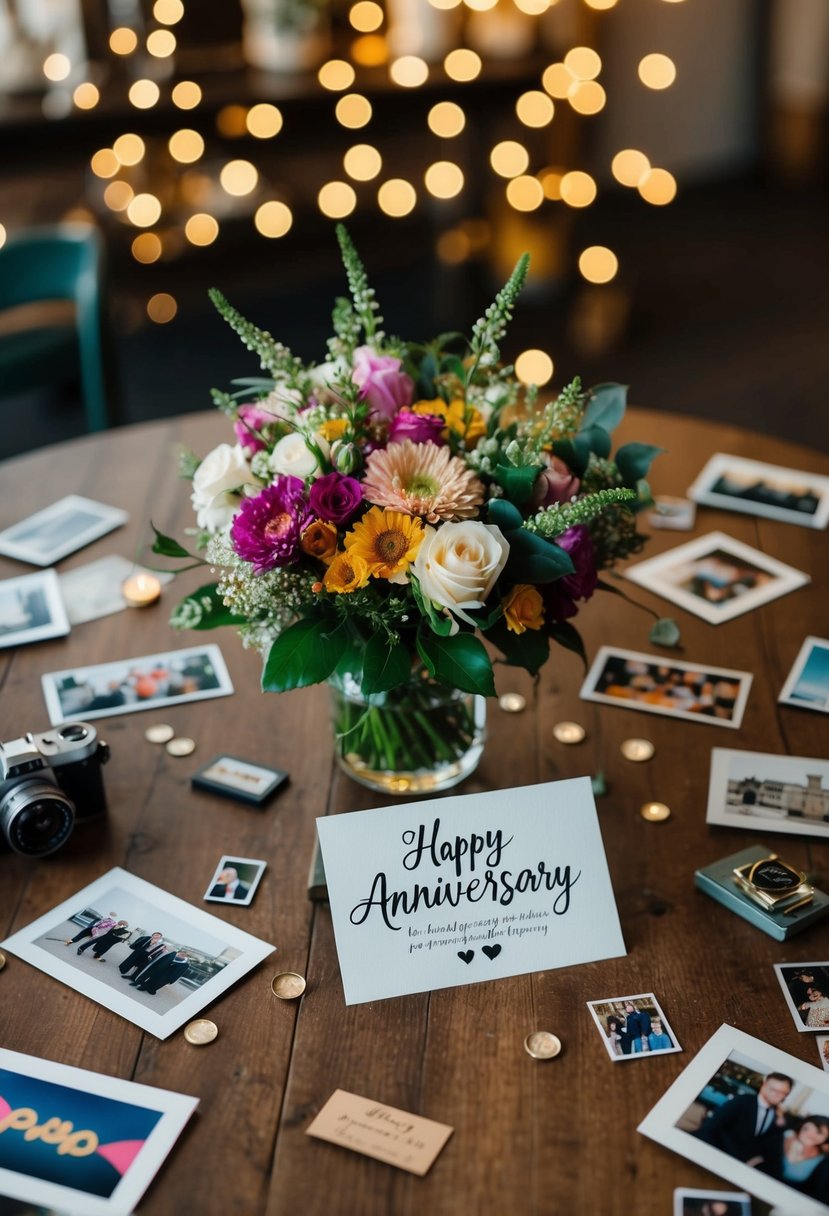 A table set with vintage items, a bouquet of flowers, and a handmade anniversary card surrounded by scattered photos and memorabilia